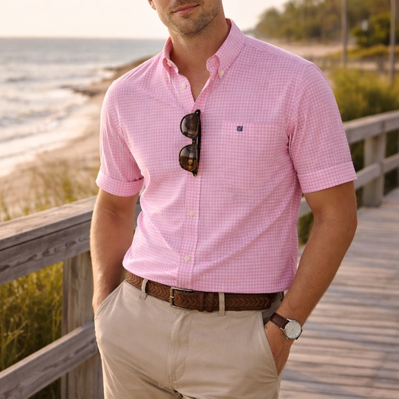 Chaps Other - Chaps Pink Gingham Button Down Shirt XL Short‎ Sleeve Easy Care